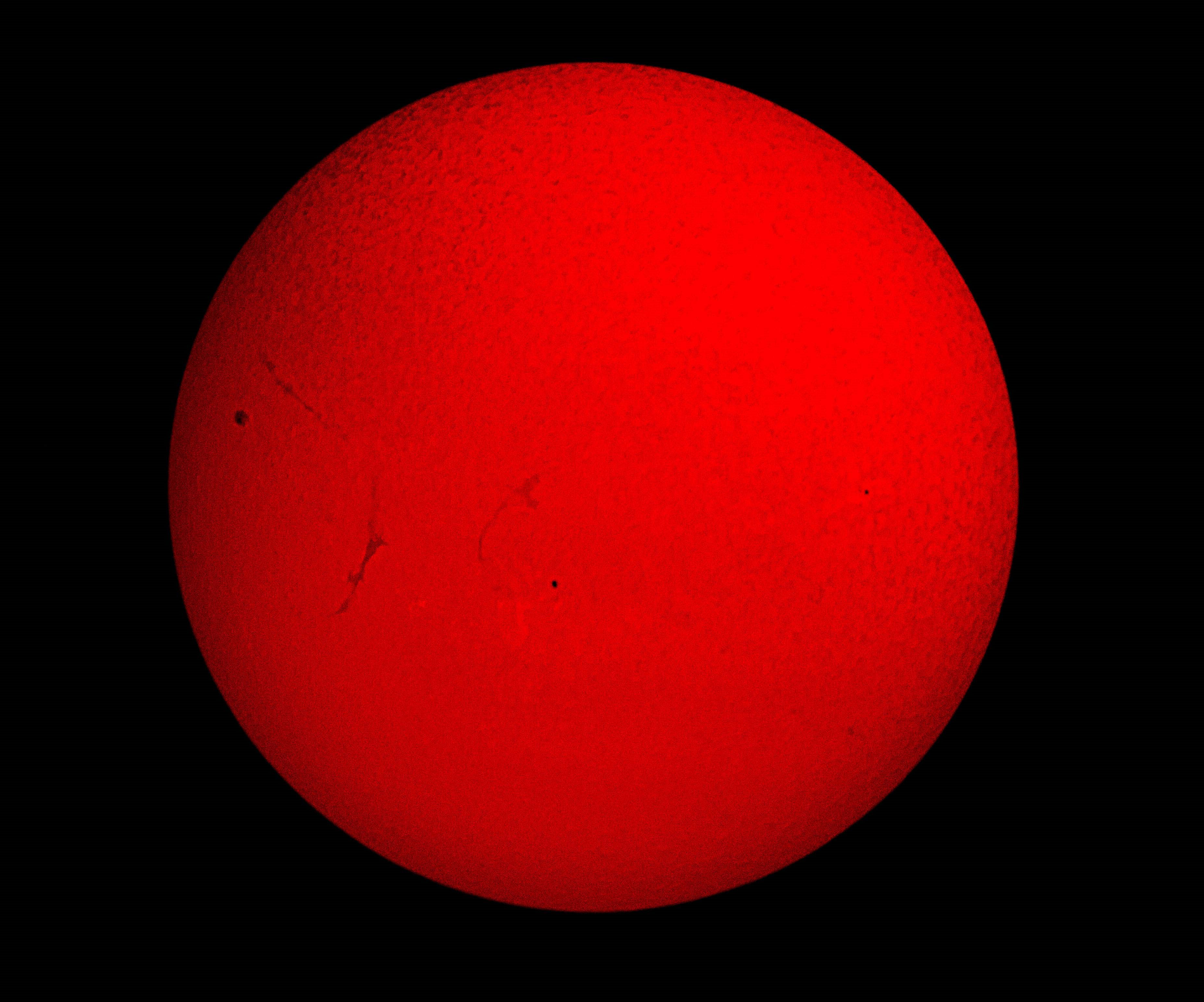 Sol by Ken Kennedy 18.06.17  11.52. Canon EOS 100D, 1/50 second.  ISO-100. This is the first of two images taken through the Society's 50mm Coronado telescope showing spots, filaments and other "surface" detail.